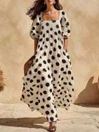 Retro Classic Polka Dot Square Neck Half-sleeve Maxi Dress
