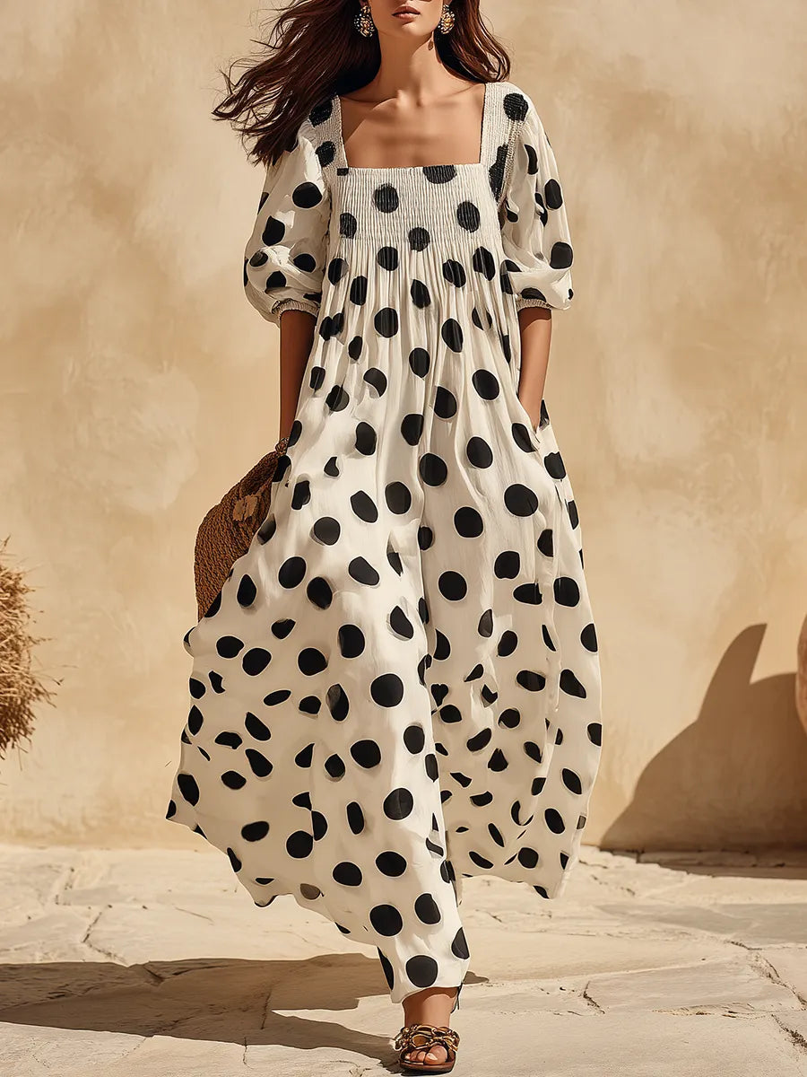 Retro Classic Polka Dot Square Neck Half-sleeve Maxi Dress