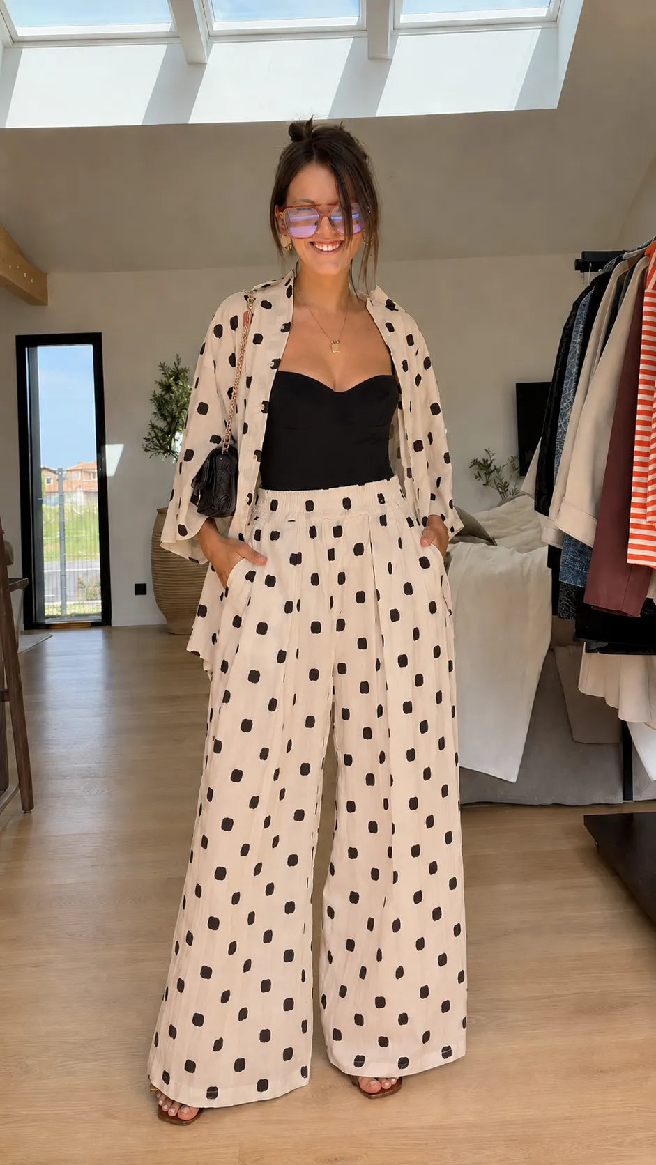 Boho Polka Dot Print Pant Set - Asymmetric Layered Kimono Top & Wide Leg Pants Co-ord
