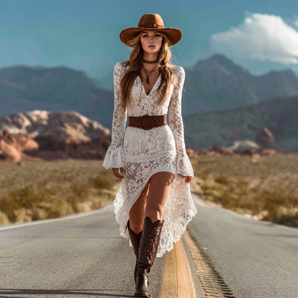 Women's Retro Western Cowboy Style Ruffle Skirt Dress Midi Dress