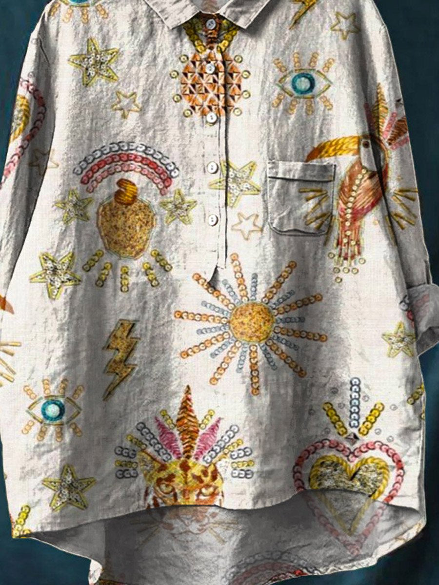 Vintage-Freizeit-Hemd aus Baumwolle und Leinen mit ethnischem Musterkunstdruck