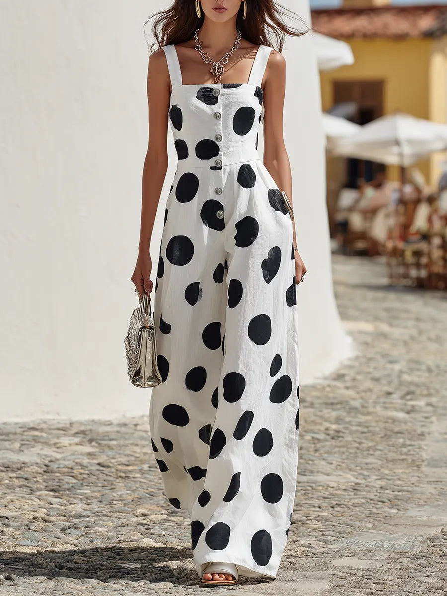 Vacation-style Square-neck Sleeveless Polka-dot Print Jumpsuit