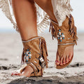 Women's Retro Western Cowgirl Outfit Tassel Flat-soled Thong Fringes Sandals