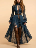 Women's Vintage Western Teal Lace High Low Dress Long Bell Sleeve High Neck Gothic Boho Maxi Dress