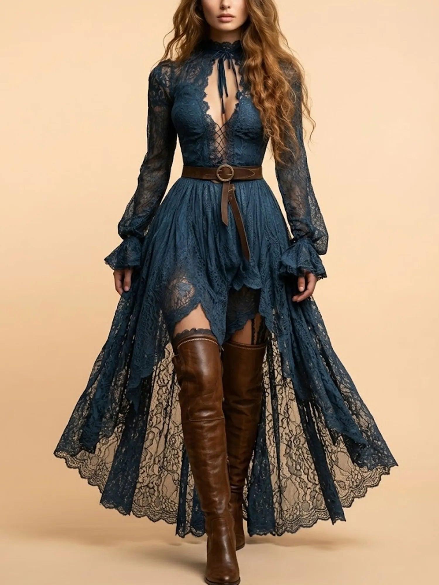 Women's Vintage Western Teal Lace High Low Dress Long Bell Sleeve High Neck Gothic Boho Maxi Dress