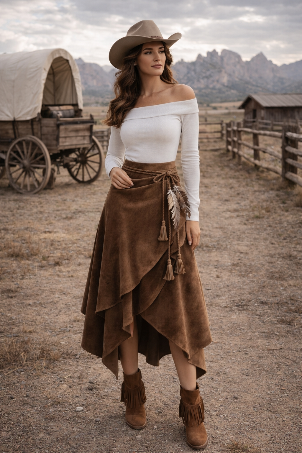Retro Western Style Irregular Design Suede Skirt