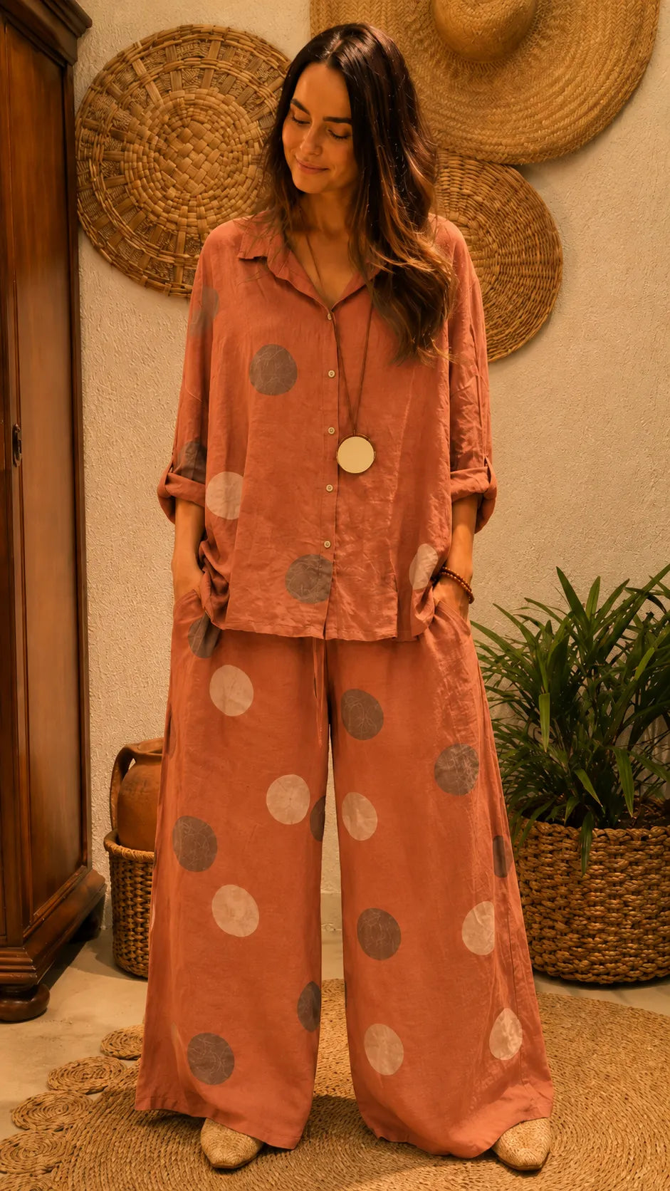 Washed Polka Dot Linen Blend Set - Oversized Button-Up Shirt & High-Waisted Wide Leg Pants Co-ord