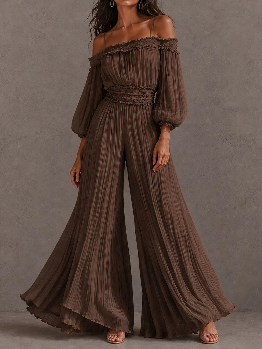 Boho Brown Crinkle Off Shoulder Ruffle Smocked Waist Wide Leg Jumpsuit