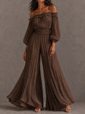 Boho Brown Crinkle Off Shoulder Ruffle Smocked Waist Wide Leg Jumpsuit