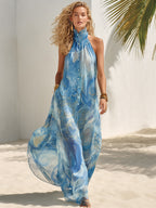 Bohemian Resort Blue Abstract Chiffon Print High-Neck Button Sleeveless Maxi Dress