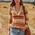 Women's Vintage Autumnal Striped Ruffle Sweater