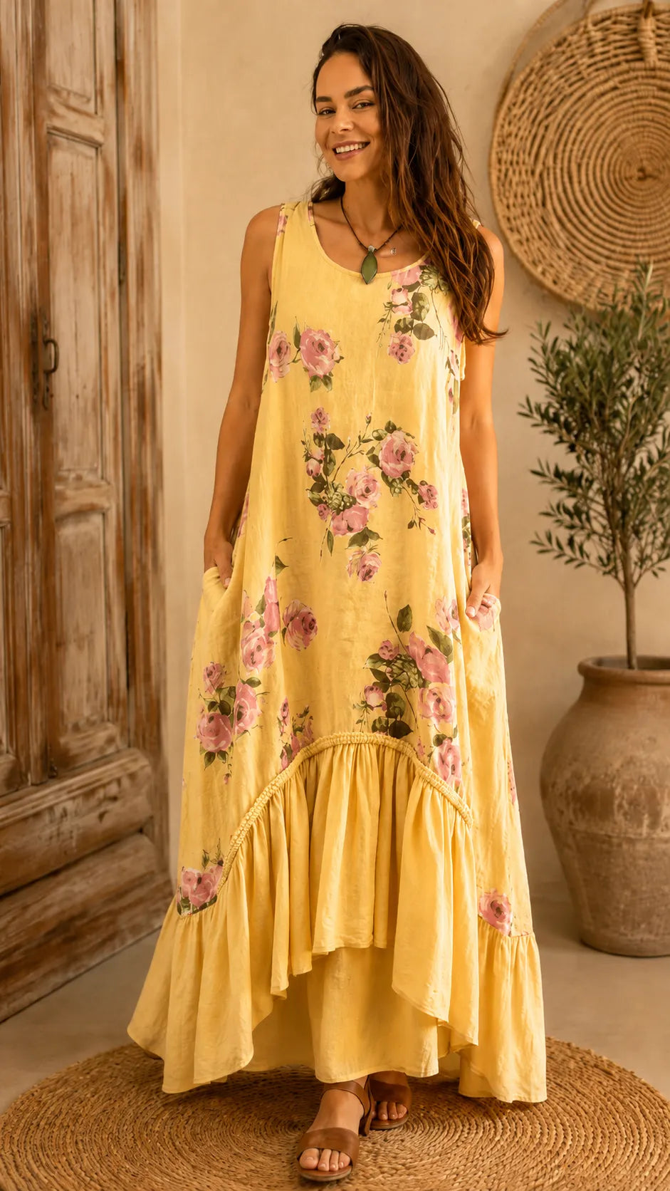 Boho Floral Print Sleeveless Maxi Dress - V-Neck High-Low Ruffle Hem Summer Dress