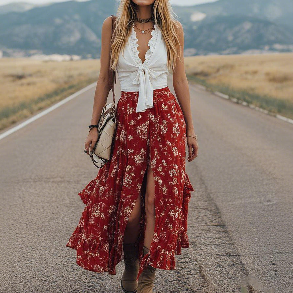 Chiffon Floral Print Maxi Skirt With High Slit And Ruffle Hem For Women