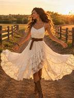 Perfect for Country Ranch Vacations — Cream White Asymmetric Lace Ruffle High-Low Dress