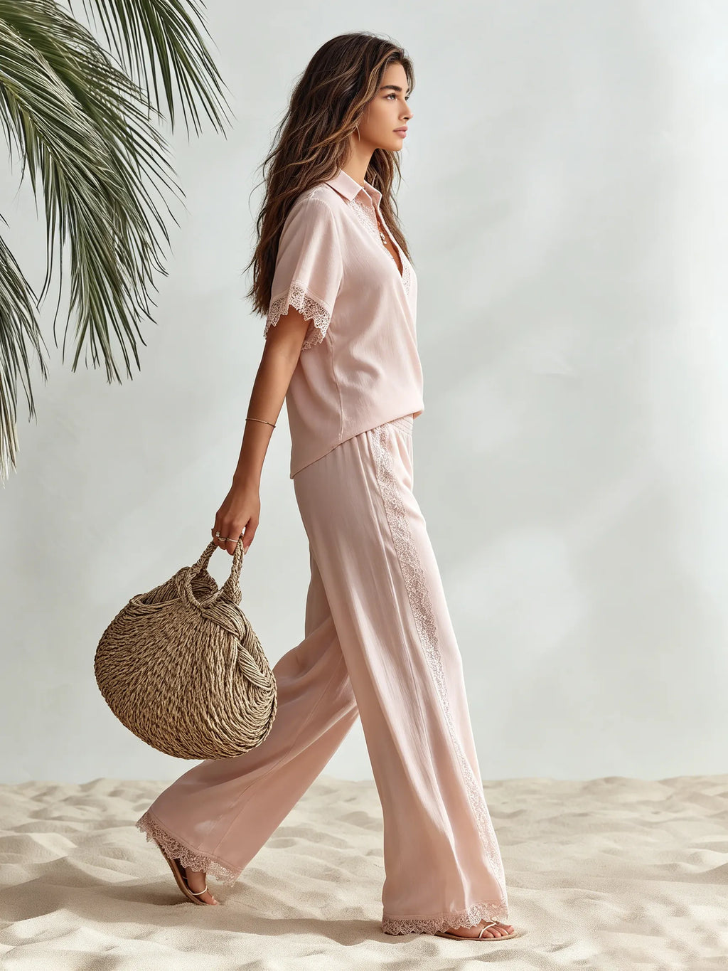 Resort-style V-neck Short-sleeve Lace-trim Top And Trousers Set