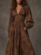 Brown Floral Lace-Up Bishop Sleeve Maxi Dress