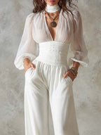 High Neck Puff Cuff Sleeve Smocked Waist Pocket Wide Leg Crinkled Chiffon Jumpsuit