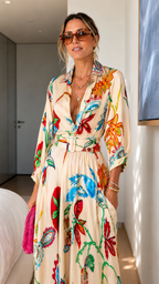 Printed Shirt Collar Maxi Dress with Belted Waist