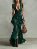 Lace Maxi Dress With Deep V-Neck And Ruffled Hem For Women