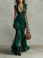 Lace Maxi Dress With Deep V-Neck And Ruffled Hem For Women
