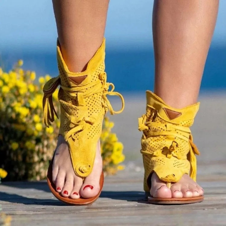 Western Cowgirl Outfit Women's Retro Bohemian Mesh Clip-toe Tassel High-top Roman Sandals