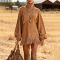 Women's Autumn/Winter Suede Stand Collar Lantern Sleeve Tassel Patchwork Western Retro Style Dress