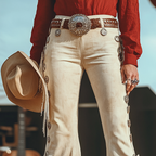 Women's Western Style Fringed Jeans With Cowboy Hat