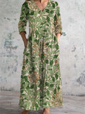 Women's V-Neck Spring And Summer Botanical Pattern Art Print Cotton And Linen Pocket Dress