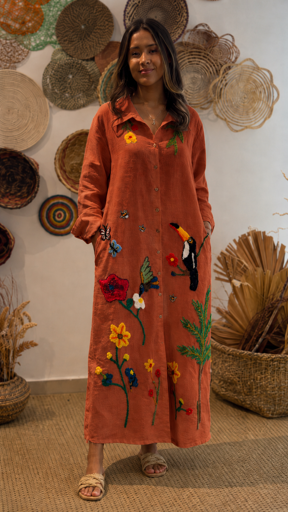 Boho Embroidered Oversized Shirt Dress - Long Sleeve Button Down Maxi Dress with Tropical Bird & Floral Print