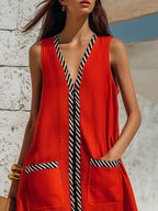 Vacation V-Neck Black And White Color Block Sleeveless Red Cotton-Linen Maxi Dress