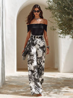 Resort-style Off-shoulder Short-sleeve Top And Printed Chiffon Trousers Set