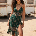 Women's Retro Western Ethnic Style Geometric Pattern Printed Tassel Suspender Dress Short Skirt
