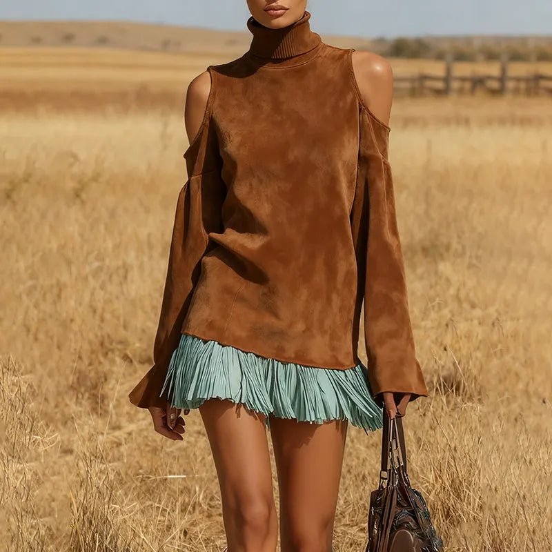 Women's Autumn/Winter Suede Stand Collar Off-Shoulder Design Western Retro Style Dress