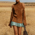 Women's Autumn/Winter Suede Stand Collar Off-Shoulder Design Western Retro Style Dress