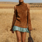 Women's Autumn/Winter Suede Stand Collar Off-Shoulder Design Western Retro Style Dress