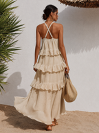 Relaxed Minimalist Solid Color Ruffled Cotton Linen Camisole Dress