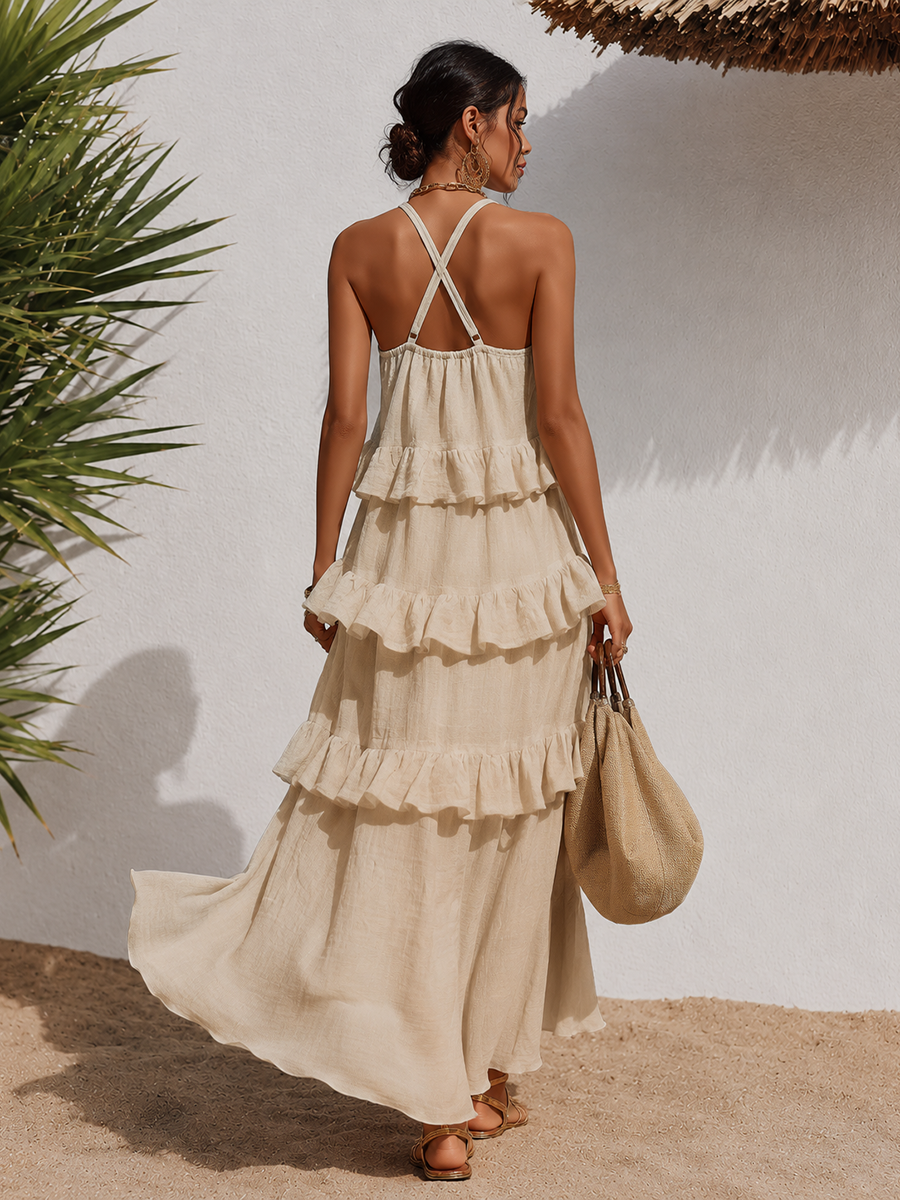 Relaxed Minimalist Solid Color Ruffled Cotton Linen Camisole Dress