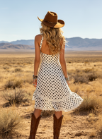 Women's Western Cowboy Cotton Blend Polka Dot Midi Dress With Lace Trim And Deep V-Neckline