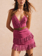 Date Night or Western Theme Party — Vintage Magenta Fringe V-Neck Skin-Friendly Faux Suede Bodycon Mini Dress