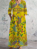 Women's V-Neck Art Peacock Floral Dress With Pockets
