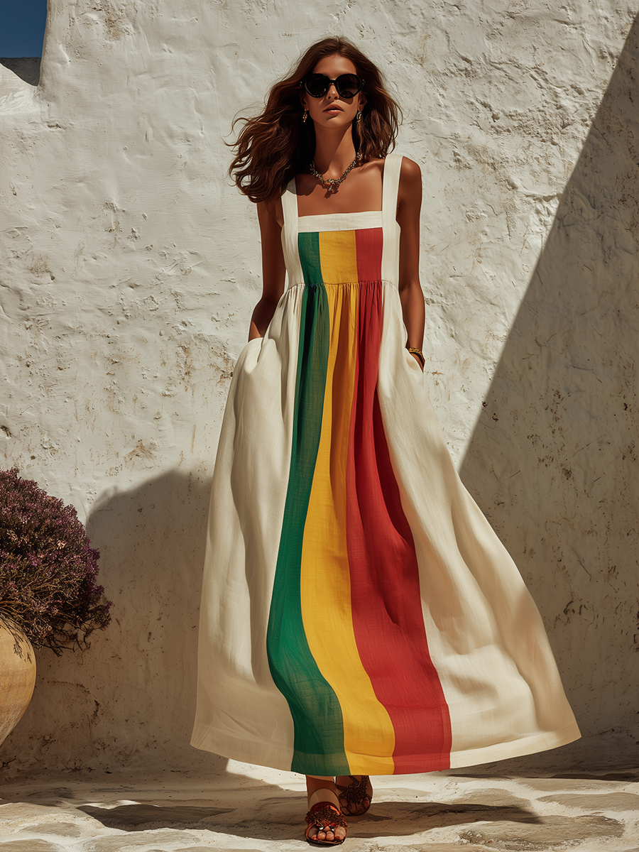 Retro Square Neck Rainbow Striped Maxi Dress
