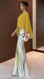 Boho Chic Color Block Maxi Dress - Oversized Top & Mermaid Printed Skirt Set with Bracelet Sleeves