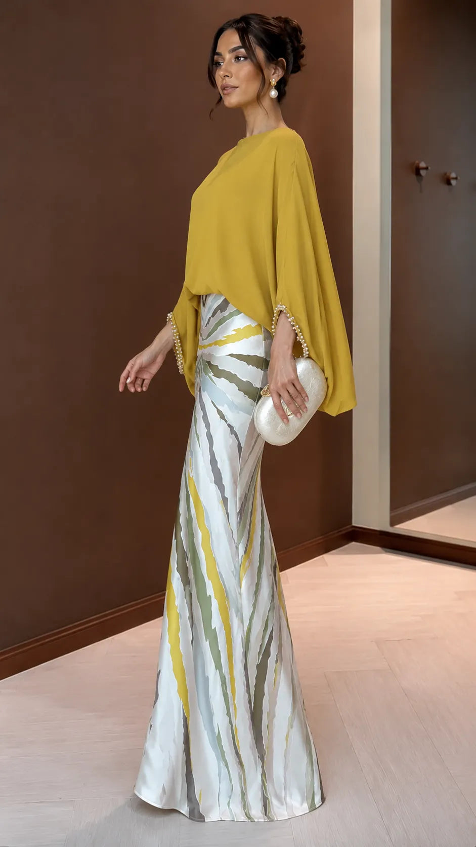 Boho Chic Color Block Maxi Dress - Oversized Top & Mermaid Printed Skirt Set with Bracelet Sleeves