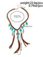 Ideal For Music Festivals Or Wilderness Shoots — Vintage Coffee Braided Leather & Turquoise Inlay Dynamic Feather Tassels Handcrafted Boho Chic Necklace