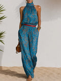 Retro-chic Leopard Print Chiffon Top And Wide-leg Pants Set