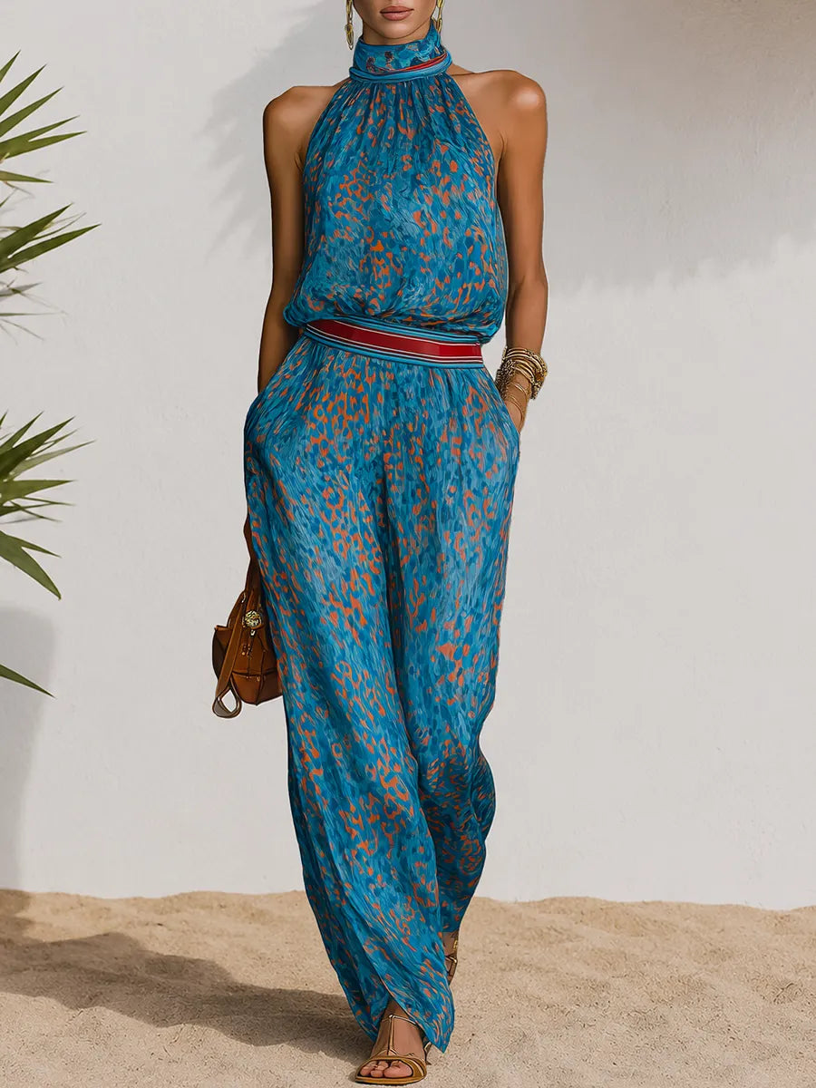Retro-chic Leopard Print Chiffon Top And Wide-leg Pants Set