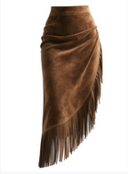 Retro Distressed Suede Skirt With Fringes