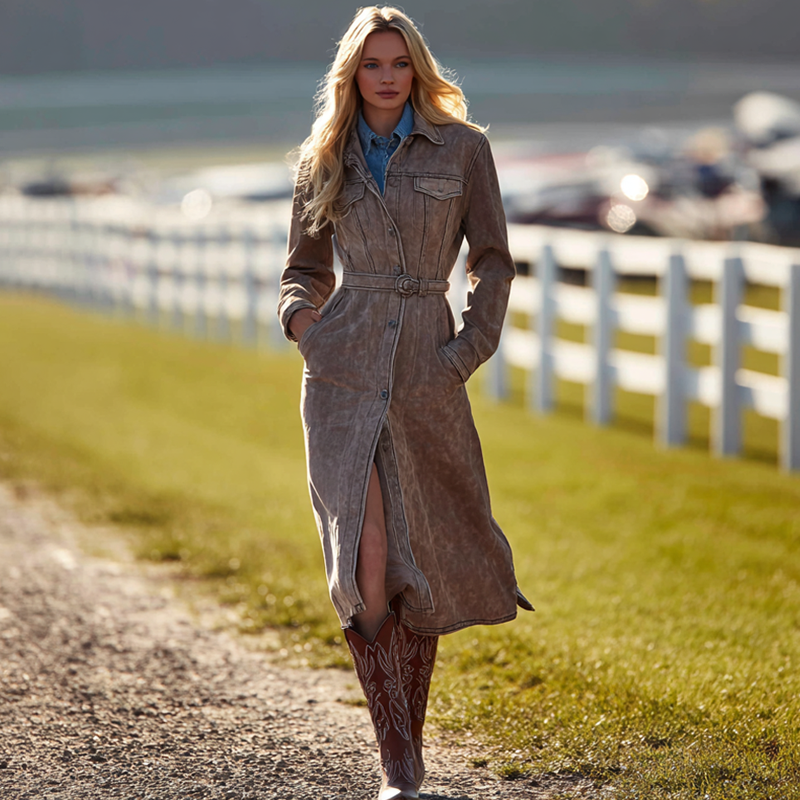 Autumnal Elegance Brown Suede Trench Coat With Cowboy Boots