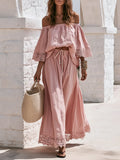 Bohemian Off-shoulder Lace-trimmed Three-quarter Sleeve Top And Skirt Cotton-linen Set