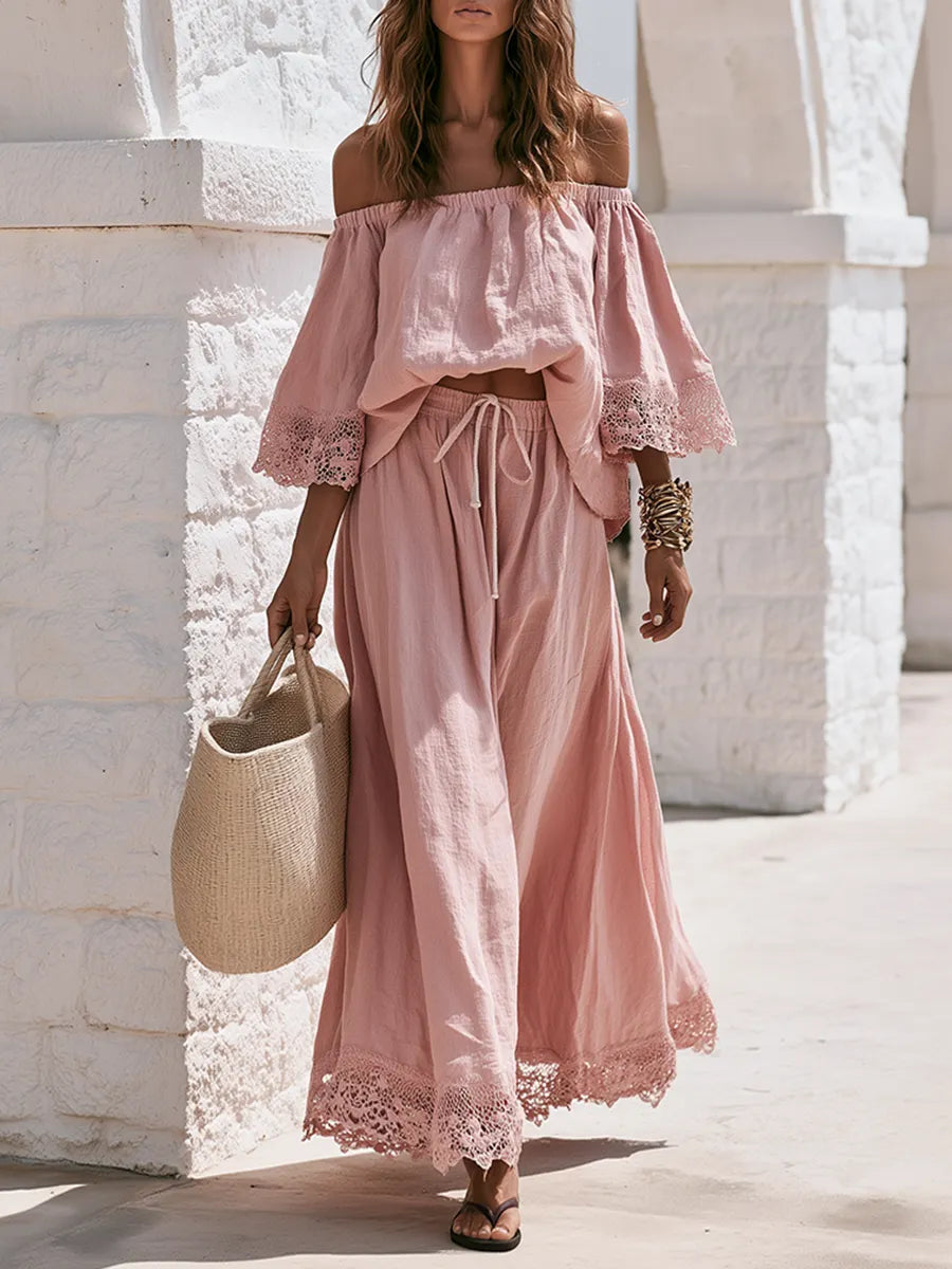 Bohemian Off-shoulder Lace-trimmed Three-quarter Sleeve Top And Skirt Cotton-linen Set